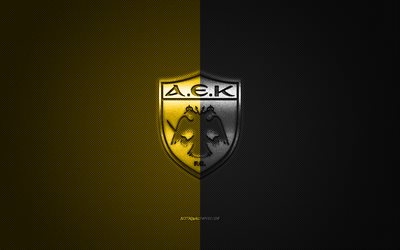 AEKアテネFC, ギリシャのサッカークラブ, スーパーリーグのギリシャ, 黒と黄色のマーク, 黒と黄色の炭素繊維の背景, サッカー, アテネ, ギリシャ, AEKアテネFCロゴ