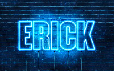 Erick, 4k, taustakuvia nimet, vaakasuuntainen teksti, Erick nimi, blue neon valot, kuva Erick nimi