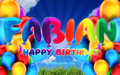 Fabian Happy Birthday, 4k, cloudy sky background, popular german male names, Birthday Party, colorful ballons, Fabian name, Happy Birthday Fabian, Birthday concept, Fabian Birthday, Fabian