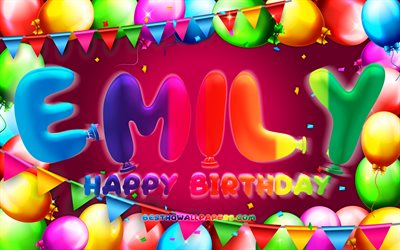 Happy Birthday Emily, 4k, colorful balloon frame, Emily name, purple background, Emily Happy Birthday, Emily Birthday, popular german female names, Birthday concept, Emily