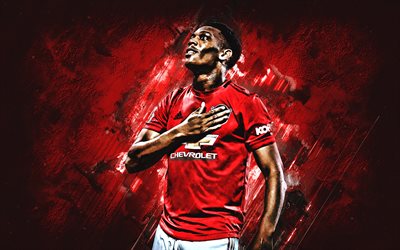 Anthony Martial, portrait, Manchester United FC, French footballer, Premier League, England, football, red stone background