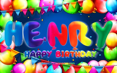 Happy Birthday Henry, 4k, colorful balloon frame, Henry name, blue background, Henry Happy Birthday, Henry Birthday, popular german male names, Birthday concept, Henry