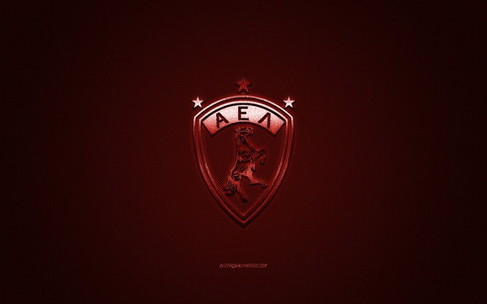 AEL Larissa, greco, squadra di calcio Grecia Super League, logo rosso, rosso contesto in fibra di carbonio, calcio, Athlitiki Enosi Larissa, Grecia, AEL Larissa logo