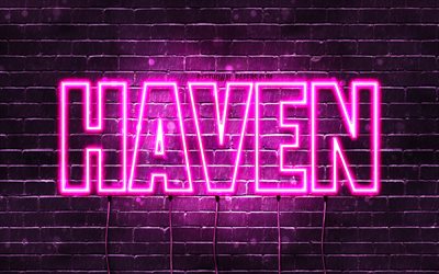 Haven, 4k, wallpapers with names, female names, Haven name, purple neon lights, horizontal text, picture with Haven name