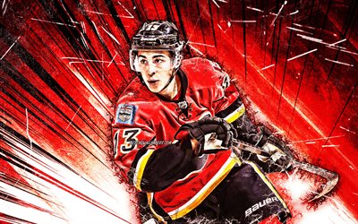 Johnny Gaudreau, NHL, grunge arte, Calgary Flames, estrelas do h&#243;quei no gelo, John Michael Gaudreau, h&#243;quei, vermelho resumo raios, jogadores de h&#243;quei, EUA, Gaudreau Calgary Flames