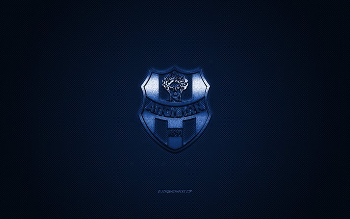 アポロンSmyrni FC, ギリシャのサッカークラブ, スーパーリーグのギリシャ, 青色のロゴ, ブルーカーボンファイバの背景, サッカー, アテネ, ギリシャ, アポロンSmyrniロゴ