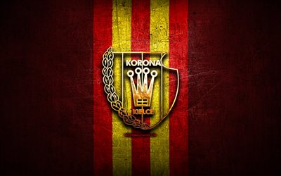 Korona Kielce FC, logo dor&#233;, Ekstraklasa, rouge m&#233;tal, fond, football, Korona Kielce, polonaises, club de football, le Korona Kielce logo, Pologne