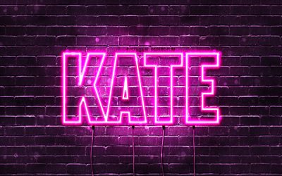 Kate, 4k, wallpapers with names, female names, Kate name, purple neon lights, horizontal text, picture with Kate name