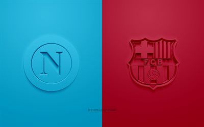 Napoli vs FC Barcelona, UEFA Champions League, 3D logos, promotional materials, blue-burgundy background, Champions League, football match, Napoli, FC Barcelona