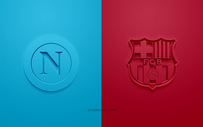 Napoli vs FC Barcelona, de la UEFA Champions League, logos en 3D, materiales promocionales, azul-borgo&#241;a de fondo, de la Liga de Campeones, partido de f&#250;tbol, Napoli, el FC Barcelona
