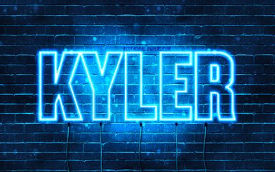 Kyler, 4k, les papiers peints avec les noms, le texte horizontal, Kyler nom, bleu n&#233;on, photo avec Kyler nom