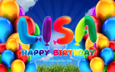 Lisaお誕生日おめで, 4k, 曇天の背景, ドイツの人気女性の名前, 誕生パーティー, カラフルなballons, Lisa名, お誕生日おめでLisa, 誕生日プ, Lisa誕生日, Lisa