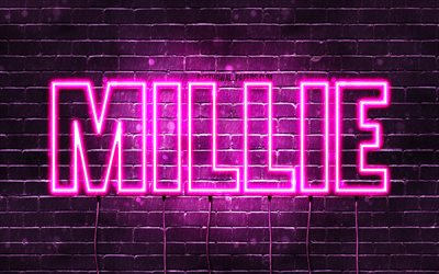 Millie, 4k, wallpapers with names, female names, Millie name, purple neon lights, horizontal text, picture with Millie name