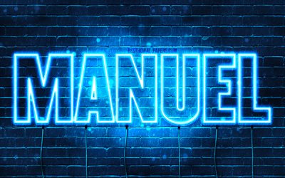 Manuel, 4k, pap&#233;is de parede com os nomes de, texto horizontal, Manuel nome, luzes de neon azuis, imagem com o nome Manuel