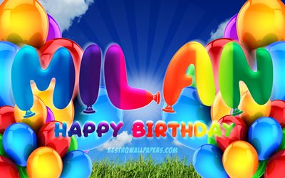 ミラノのお誕生日おめで, 4k, 曇天の背景, ドイツの人気男性の名前, 誕生パーティー, カラフルなballons, ミラノのの名称, お誕生日おめでミラノ, 誕生日プ, ミラノのお誕生日, ミラノ