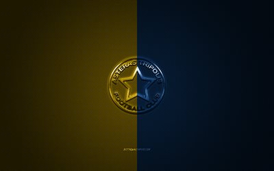 Asteras Tripolis FC, griego club de f&#250;tbol de la S&#250;per Liga de Grecia, azul logo amarillo, azul y amarillo de fibra de carbono de fondo, f&#250;tbol, Tripolis, Grecia, Asteras Tripolis FC logo