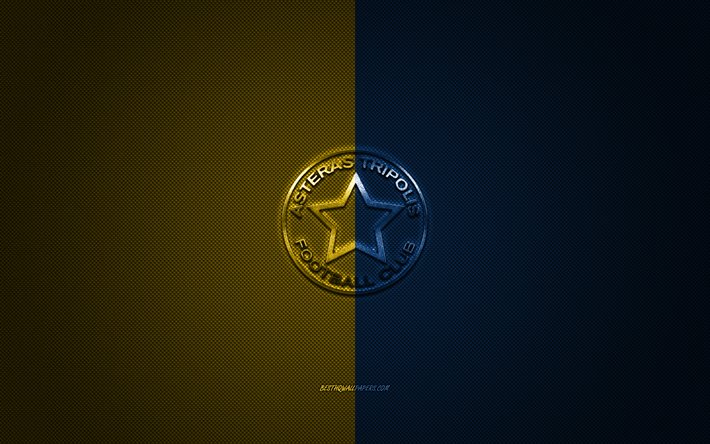 Asteras Tripolis FC, grec club de football de Super League en Gr&#232;ce, bleue logo jaune, bleu jaune en fibre de carbone de fond, football, Tripoli, Gr&#232;ce, Asteras Tripolis FC logo
