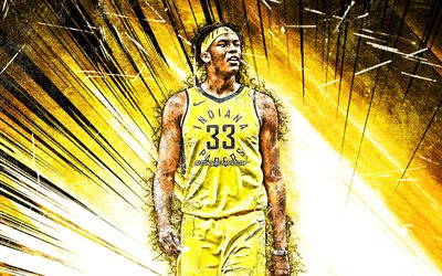 Myles Turner, NBA, grunge, arte, stelle di basket, Indiana Pacers, Myles Cristiana Turner, di basket, di colore giallo astratto raggi, creativo, USA