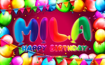 お誕生日おめでミラ, 4k, カラフルバルーンフレーム, ミラ名, 紫色の背景, ミラお誕生日おめで, ミラ誕生日, ドイツの人気女性の名前, 誕生日プ, 千