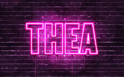 Thea, 4k, taustakuvia nimet, naisten nimi&#228;, Thea nimi, violetti neon valot, vaakasuuntainen teksti, kuva Thea nimi