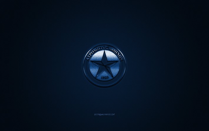Dell&#39;atromitos FC, club di calcio greco, Grecia Super League, logo blu, blu contesto in fibra di carbonio, calcio, Atene, Grecia, dell&#39;atromitos FC logo