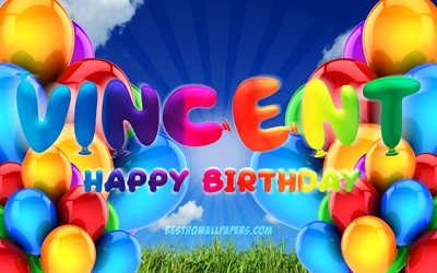Vincent Happy Birthday, 4k, cloudy sky background, popular german male names, Birthday Party, colorful ballons, Vincent name, Happy Birthday Vincent, Birthday concept, Vincent Birthday, Vincent