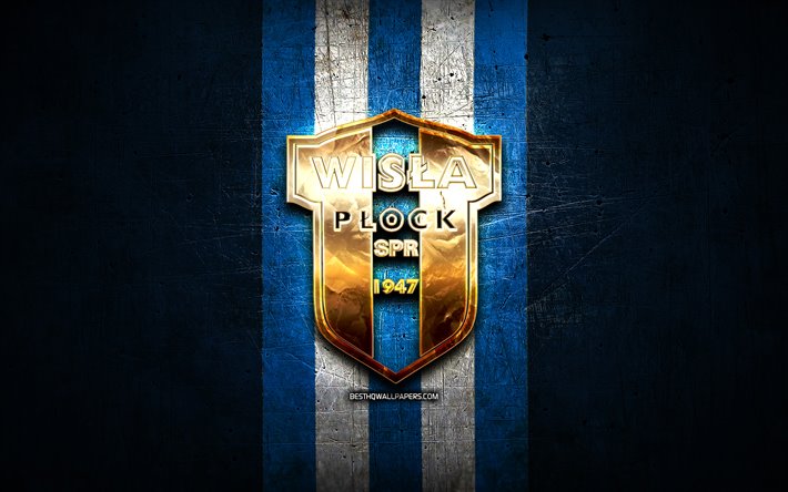 Wisla Plock FC, golden logotyp, Ekstraklasa, bl&#229; metall bakgrund, fotboll, Wisla Plock SA, polska football club, Wisla Plock logotyp, Polen