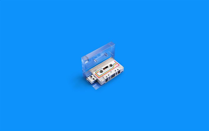 オーディオカセット, コンパクトカセット, 音楽カセット, 青色の背景, 音楽の概念, カセットテープ
