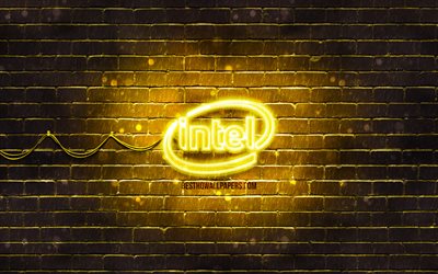 Intel giallo logo, 4k, giallo brickwall, il logo Intel, marche, Intel neon logo Intel