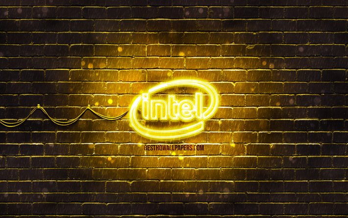 Intel logo jaune, 4k, jaune brickwall, Intel logo, marques, Intel n&#233;on logo, Intel