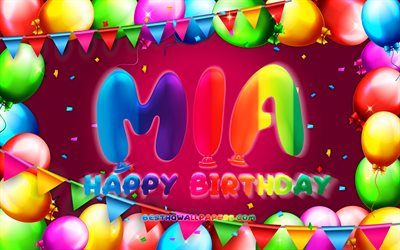 お誕生日おめでMia, 4k, カラフルバルーンフレーム, Mia名, 紫色の背景, Miaお誕生日おめで, Mia誕生日, ドイツの人気女性の名前, 誕生日プ, Mia