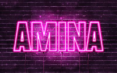 Amina, 4k, wallpapers with names, female names, Amina name, purple neon lights, horizontal text, picture with Amina name