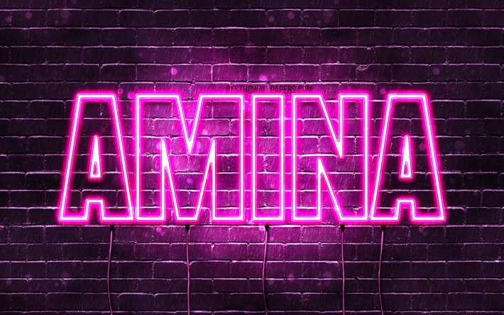 Amina, 4k, des fonds d&#39;&#233;cran avec des noms, des noms f&#233;minins, Amina nom, de violet, de n&#233;ons, le texte horizontal, image avec le nom Amina