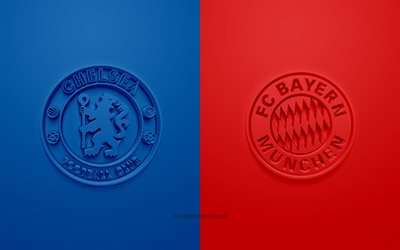 Chelsea FC vs FC Bayern Monaco, Champions League, loghi 3D, materiali promozionali, blu, rosso, sfondo, partita di calcio, Chealse FC, FC Bayern Monaco