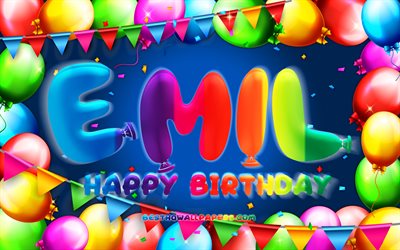 Happy Birthday Emil, 4k, colorful balloon frame, Emil name, blue background, Emil Happy Birthday, Emil Birthday, popular german male names, Birthday concept, Emil
