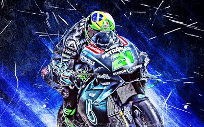 Franco Morbidelli, grunge art, MotoGP, 2019 bikes, Petronas Yamaha SRT, blue abstract rays, Franco Morbidelli on track, racing bikes, Yamaha YZR-M1, Yamaha
