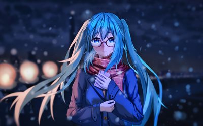 4k, Hatsune Miku, winter, Vocaloid Characters, night, manga, Vocaloid, Miku Hatsune