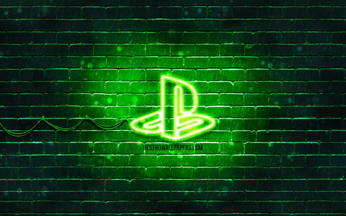 PlayStation logo verde, 4k, verde, brickwall, PlayStation logo, marchi, PlayStation neon logo, PlayStation