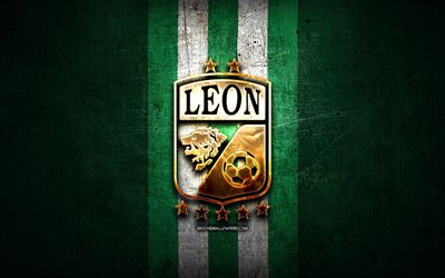 Club Leon FC, golden logo, Liga MX, green metal background, football, Leon FC, mexican football club, Club Leon logo, soccer, Mexico