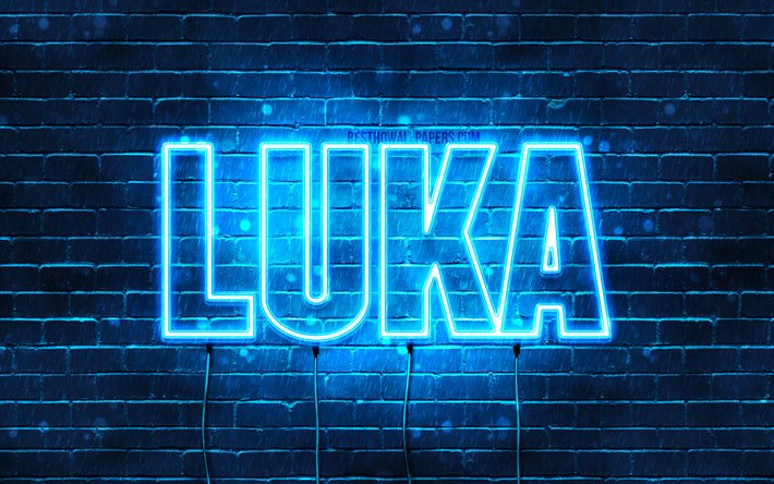 Luka, 4k, les papiers peints avec les noms, le texte horizontal, Luka nom, bleu n&#233;on, une photo avec le nom de Luka