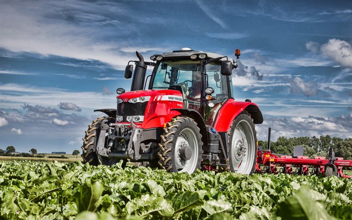 Massey Ferguson 6718 S, roues de tracteur, en 2019, les tracteurs, les machines agricoles, tracteur rouge, HDR, tracteur dans le champ, de l&#39;agriculture, de la r&#233;colte, Massey Ferguson