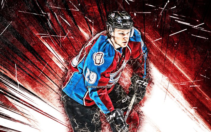 Nathan MacKinnon, de la LNH, grunge art, de l&#39;Avalanche du Colorado, les joueurs de hockey, violet abstrait rayons des &#233;toiles du hockey, MacKinnon, le hockey, &#233;tats-unis