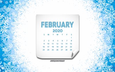 2020 de febrero de Calendario, invierno, antecedentes, copos de nieve de fondo de invierno, la textura, el 2020 conceptos de 2020, a los calendarios de febrero