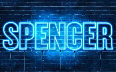 Spencer, 4k, pap&#233;is de parede com os nomes de, texto horizontal, Spencer nome, luzes de neon azuis, imagem com Spencer nome