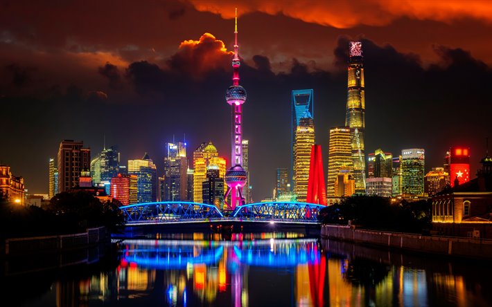 4k, Xangai, Torre De Shanghai, Rio Huangpu, noturnas, arranha-c&#233;us, China, &#193;sia, Xangai durante a noite