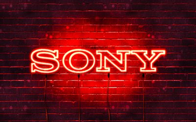 Sony kırmızı logo, 4k, kırmızı brickwall, Sony logosu, markalar, Sony, neon logo
