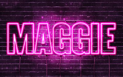 Maggie, 4k, wallpapers with names, female names, Maggie name, purple neon lights, horizontal text, picture with Maggie name