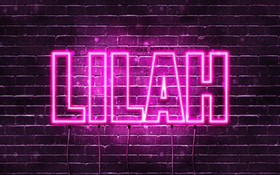 Lilah, 4k, wallpapers with names, female names, Lilah name, purple neon lights, horizontal text, picture with Lilah name
