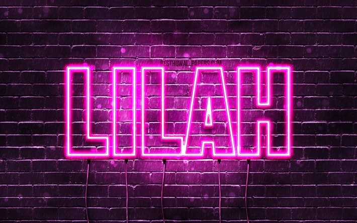 Lilah, 4k, taustakuvia nimet, naisten nimi&#228;, Lilah nimi, violetti neon valot, vaakasuuntainen teksti, kuva Lilah nimi