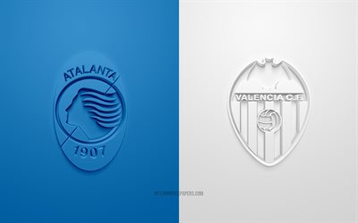 atalanta vs valencia, uefa champions league, 3d-logos, werbematerialien, blau-wei&#223;en hintergrund, champions league, fu&#223;ball-match, atalanta, valencia cf